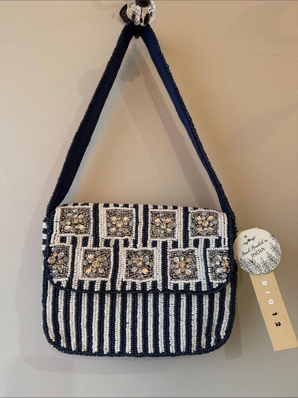 India Beaded Navy and white Shoulder Bag with Crystal Accents American